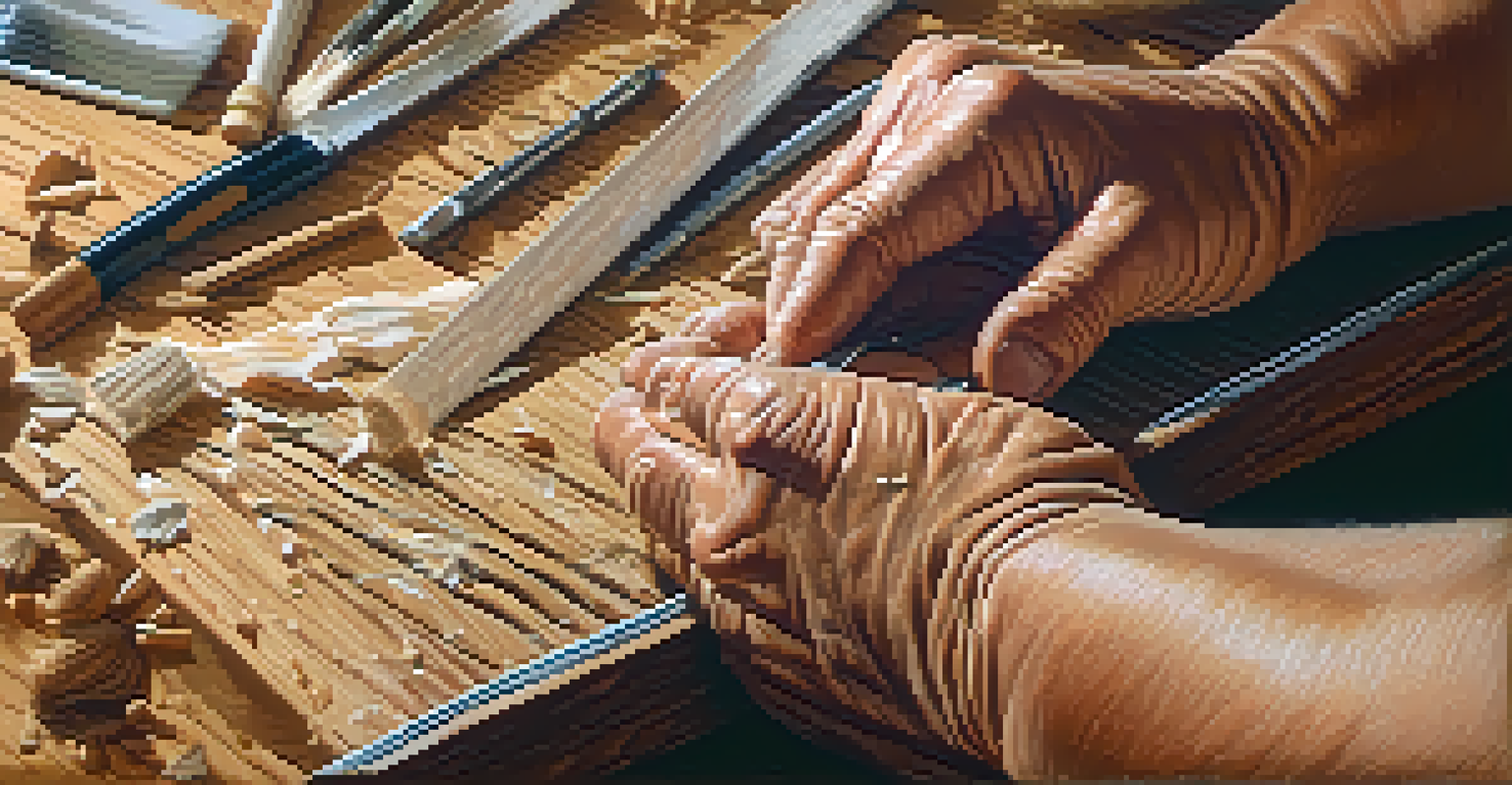 Close-up of a carver's hands working on wood, with shavings scattered around, showcasing skill and concentration.