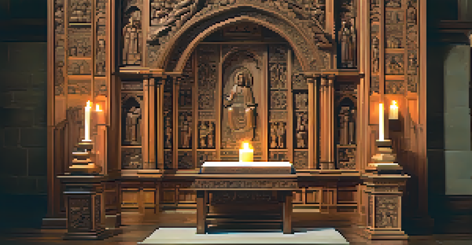A beautifully carved wooden altar in a softly lit church, showcasing scenes from sacred stories with gentle candlelight illuminating the intricate details.