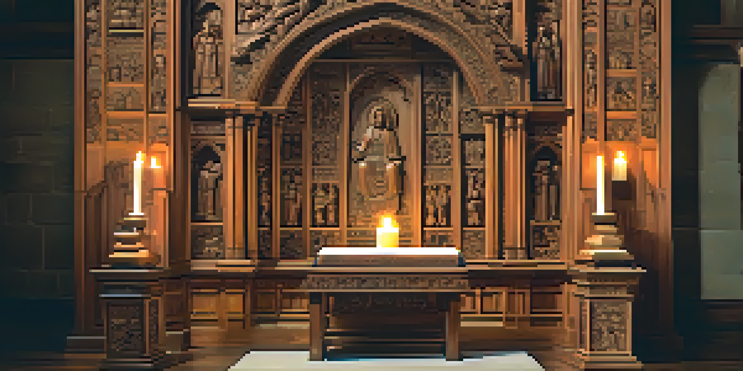 A beautifully carved wooden altar in a softly lit church, showcasing scenes from sacred stories with gentle candlelight illuminating the intricate details.