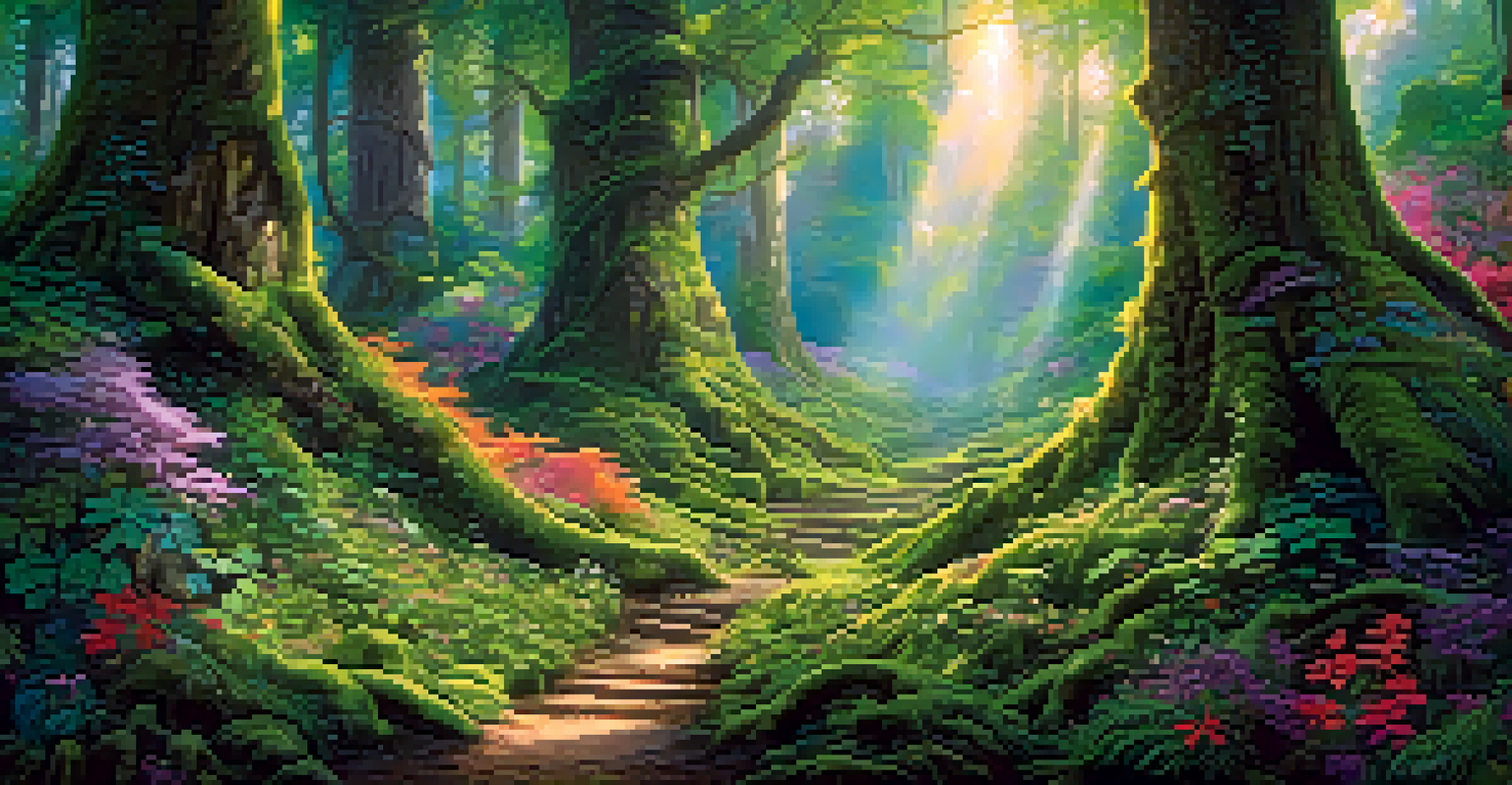 A vibrant fantasy forest with tall trees featuring ancient carvings, sunlight filtering through the leaves onto a mossy floor.