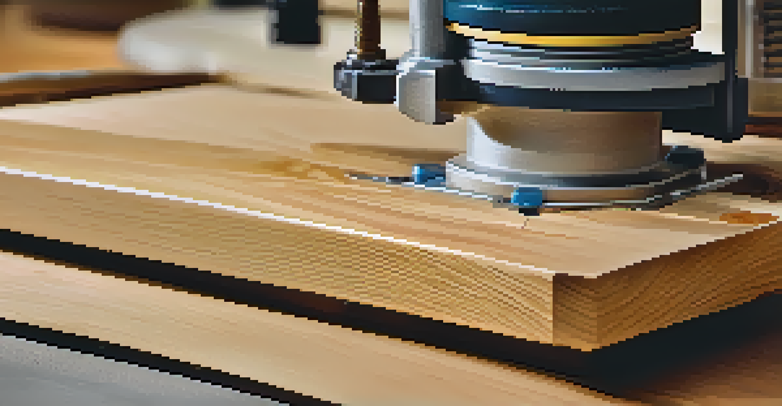 Close-up of a wood router creating edges on wood, with router bits and soft lighting highlighting the texture.
