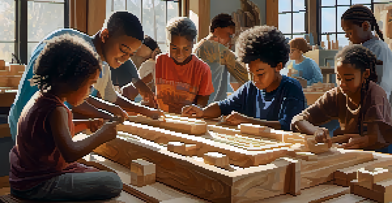 A diverse group of individuals collaborating in a lively workshop, working on a large carving project.