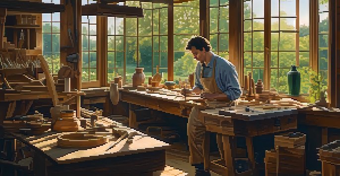 An artisan focused on carving wood in a warm, light-filled workshop, surrounded by tools and nature outside the window.