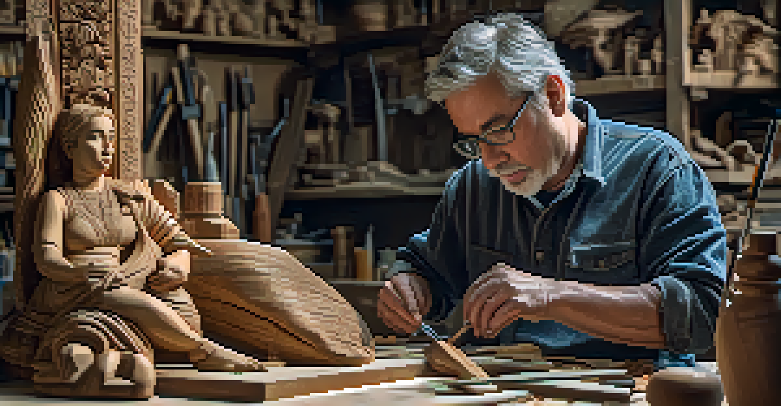 An artisan restoring a wooden sculpture, surrounded by carving tools, with natural light highlighting the textures of the wood.