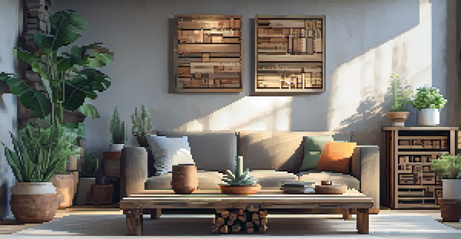 A variety of finished wood carvings made from pallet wood displayed in a cozy living room setting.