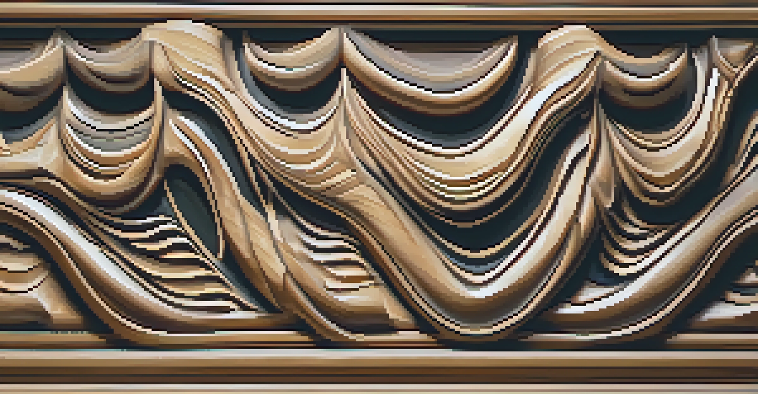 A close-up view of a carved panel showing intricate textures and patterns, illuminated by natural light.