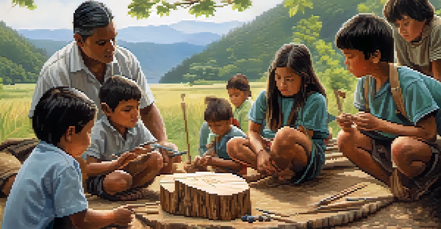 An Indigenous artist teaching carving techniques to children outdoors, surrounded by nature.