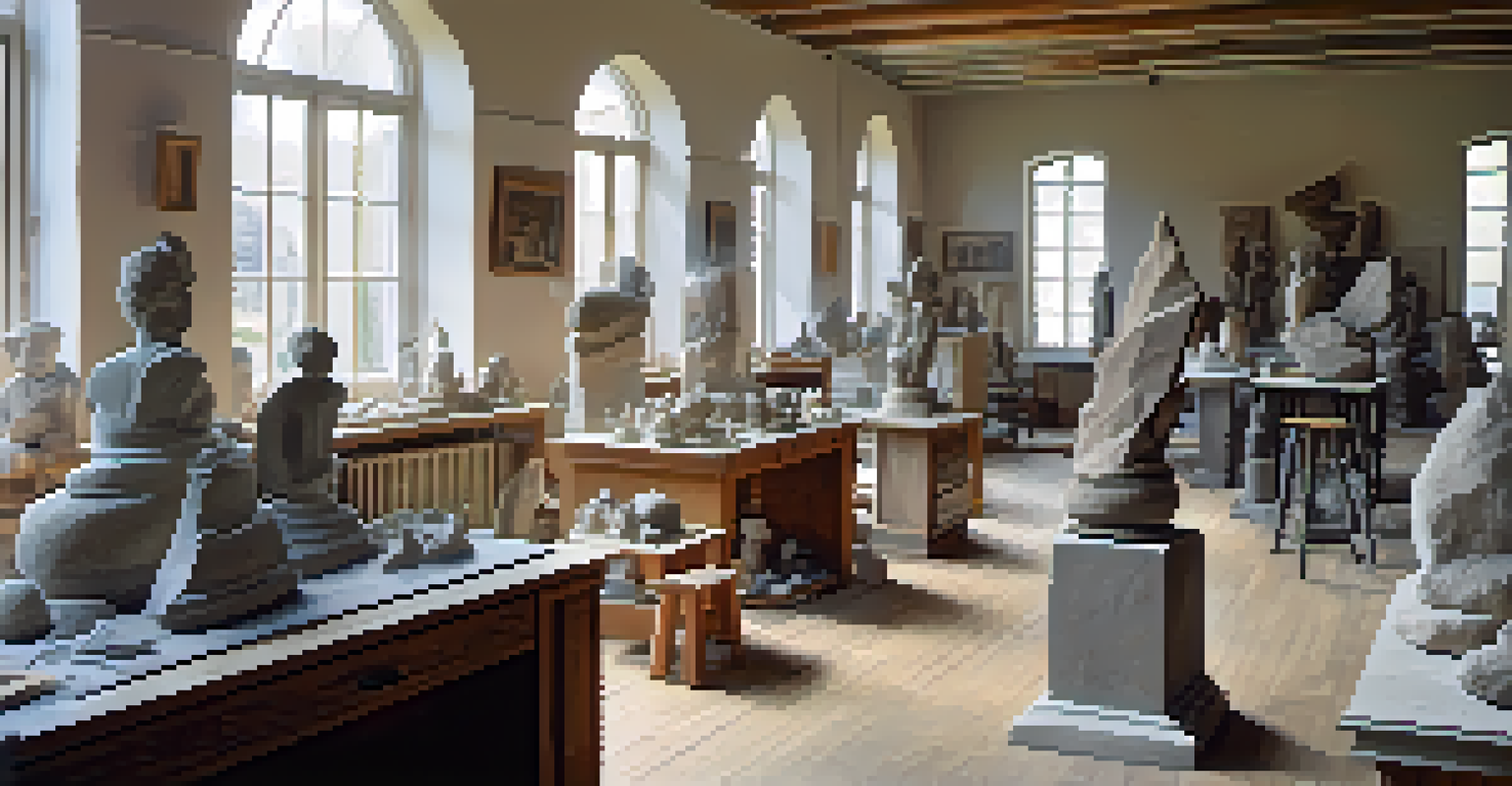 An artist's studio with various stone sculptures, bright natural light highlighting the dust and details of each piece.