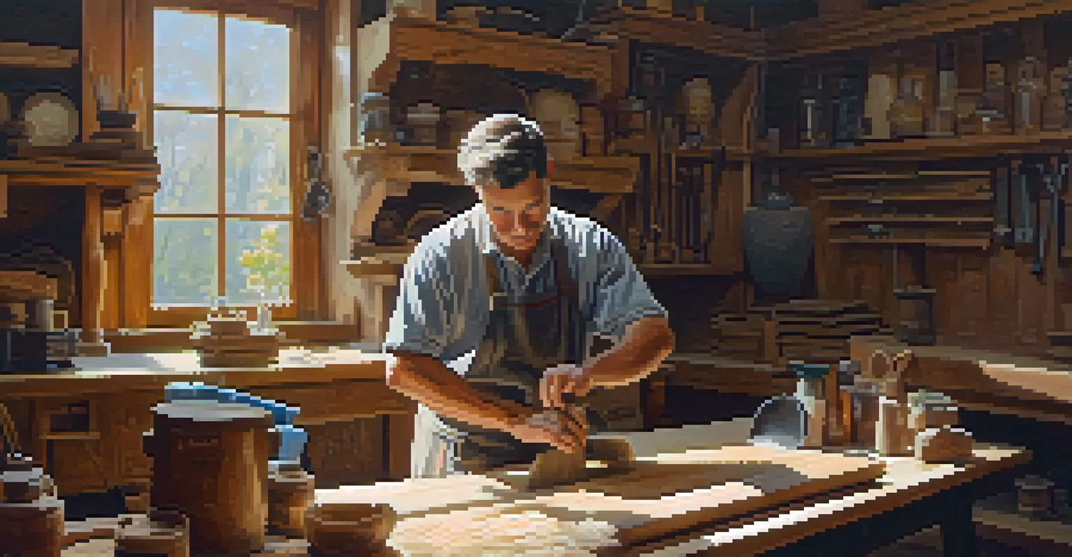 A craftsman applying oil to a wooden carving in a sunlit workshop filled with tools and wooden shavings.