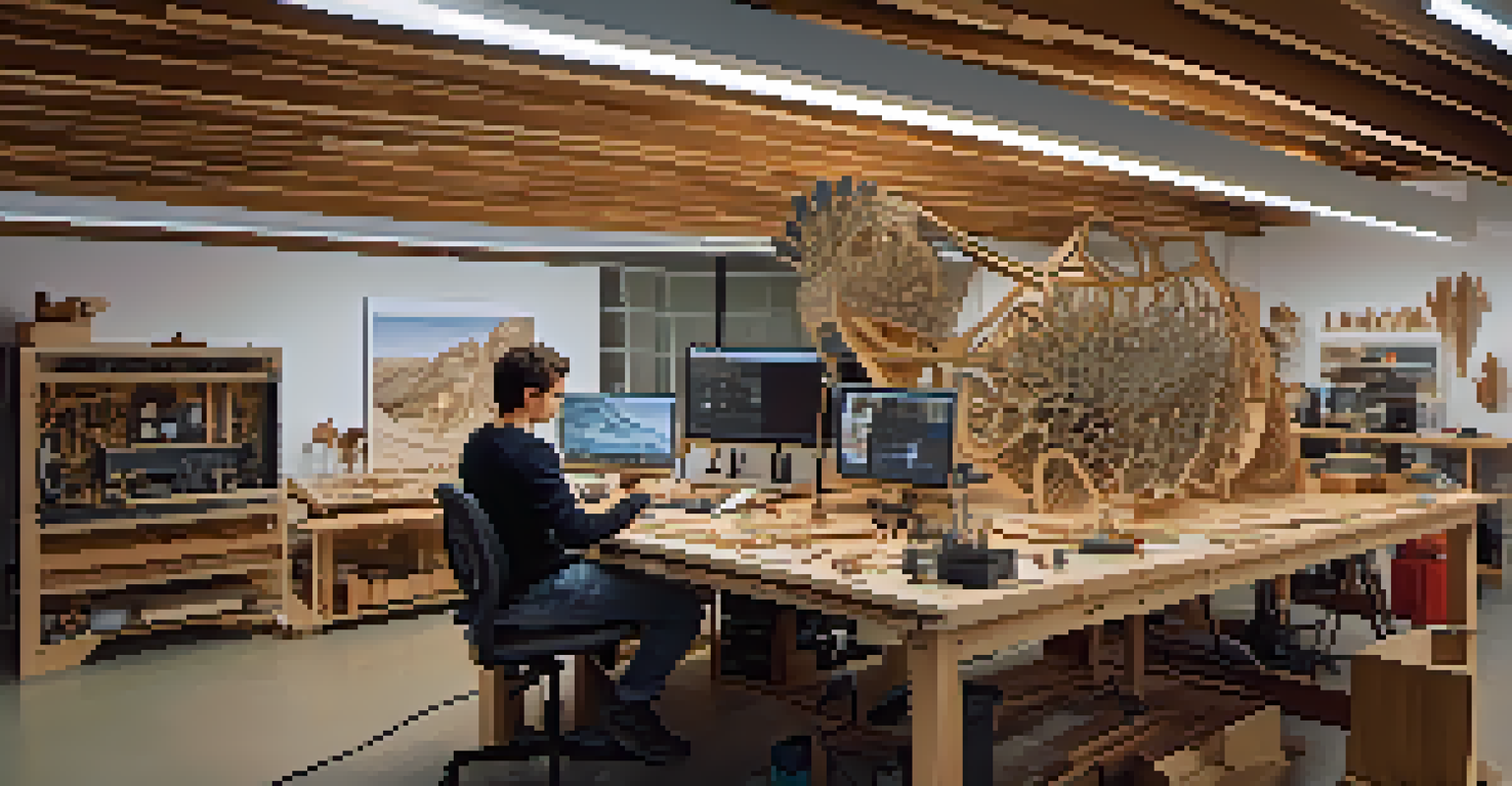 An artist in a studio working on a high-tech carving project with tools and technology around.