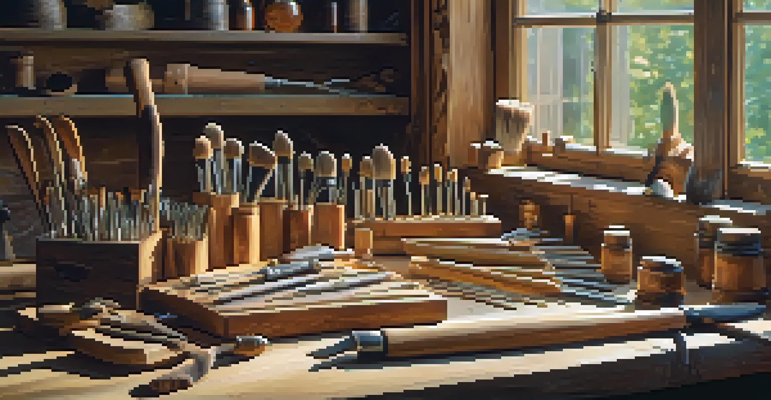A collection of carving tools on a wooden workbench illuminated by warm light.