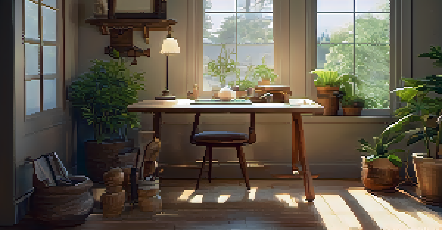 A cozy carving workspace with a comfortable chair, wooden table, and various carving tools, illuminated by natural light.