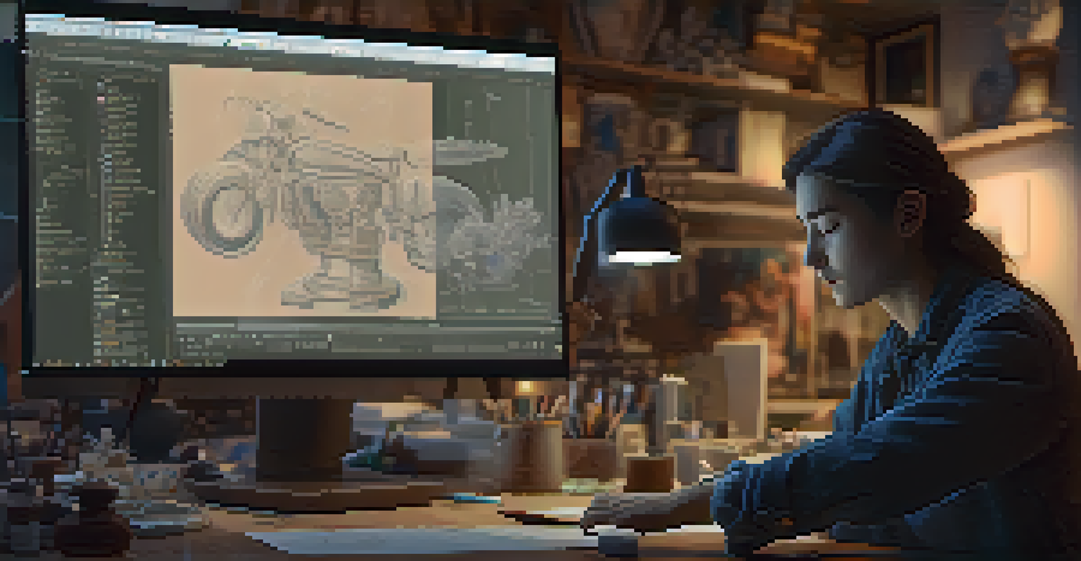An artist working on a computer, designing a sculpture with 3D modeling software, surrounded by sketches and 3D prints.