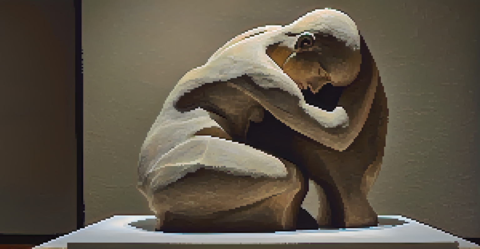 An expressionist stone carving of a distorted human figure, highlighted by gallery spotlights in a dim setting.