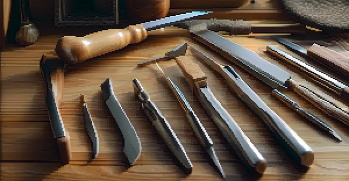 A close-up view of a neatly arranged carving tool kit on a wooden workbench, showcasing sharp knives and chisels in warm natural light.
