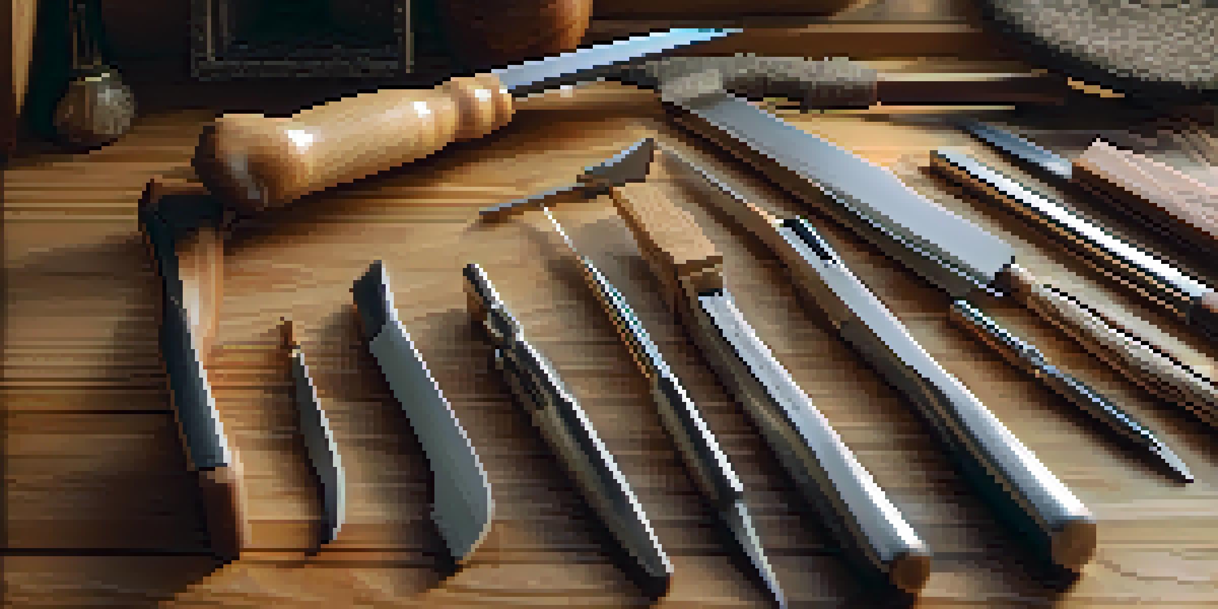 A close-up view of a neatly arranged carving tool kit on a wooden workbench, showcasing sharp knives and chisels in warm natural light.
