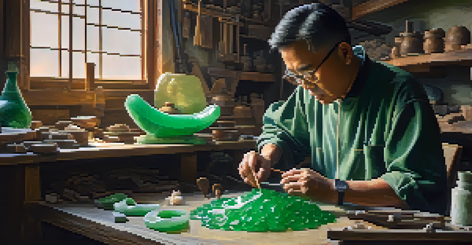 An artisan carving jade surrounded by tools, with shards reflecting light in shades of green, captured in a bright workshop.