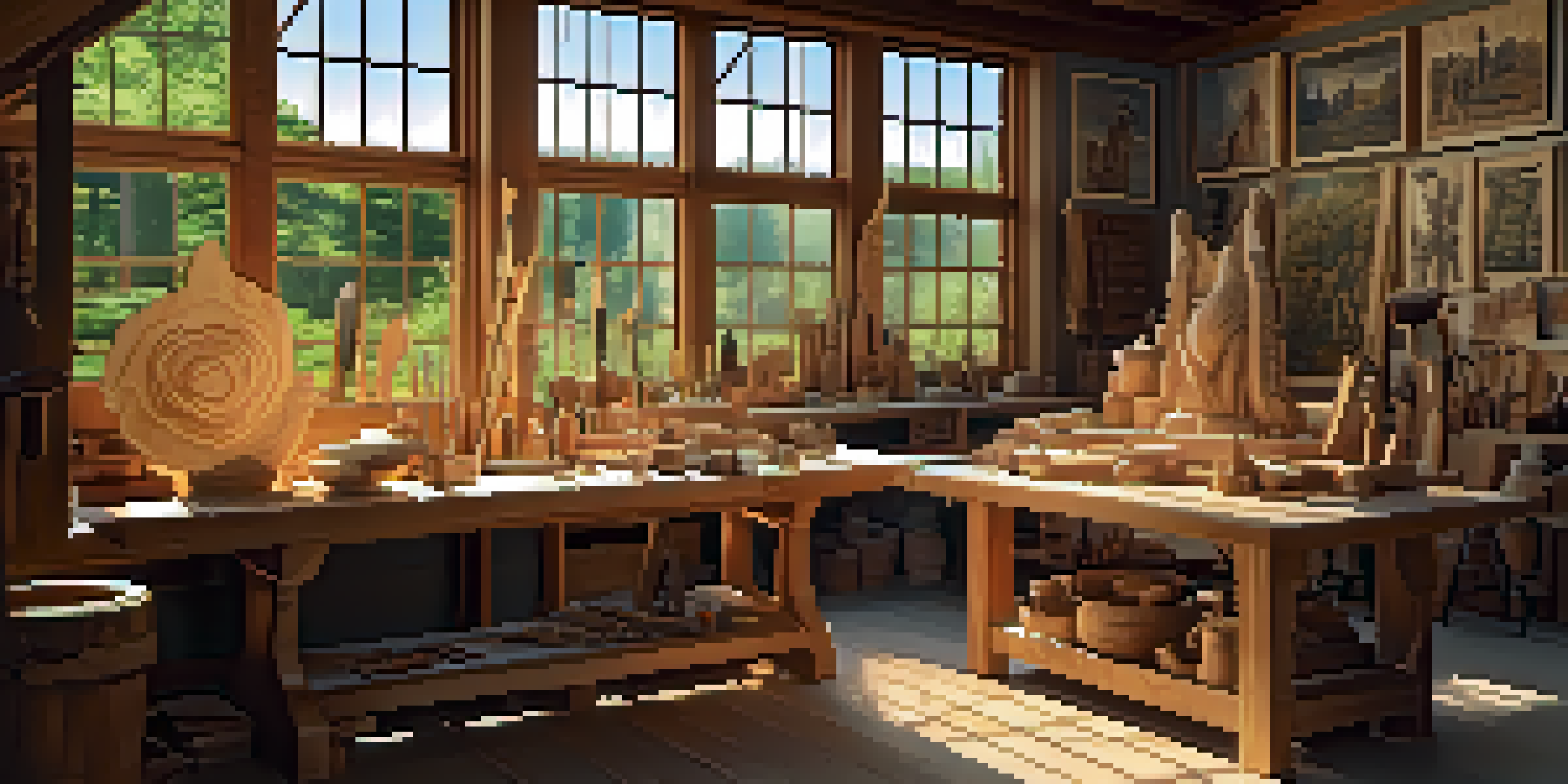 A bright and inviting carving workshop filled with tools, a workbench, and a half-finished wooden sculpture, with sunlight filtering through the window.