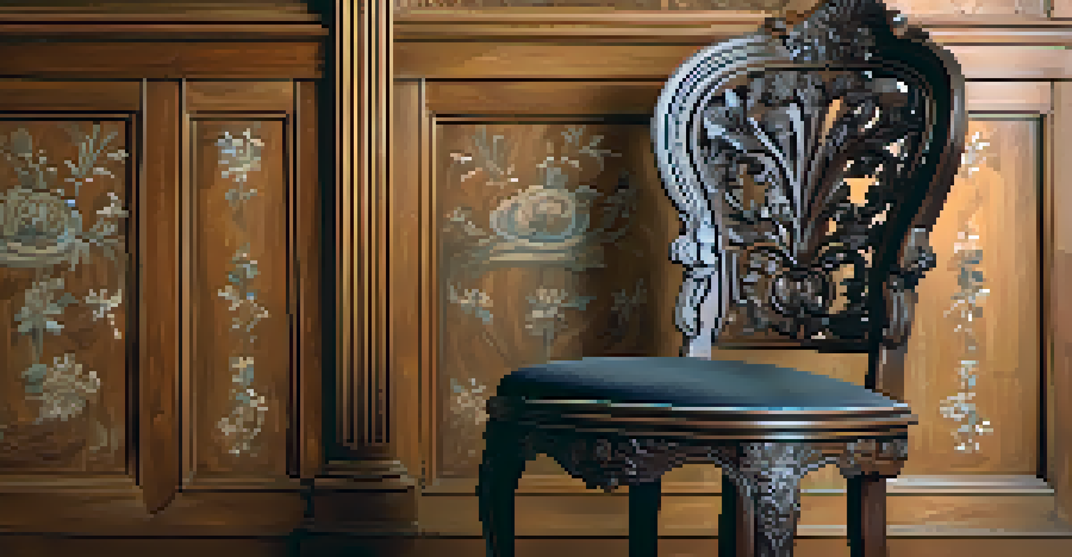 An antique wooden chair with intricate carvings displayed in soft light, emphasizing its restored beauty and craftsmanship.