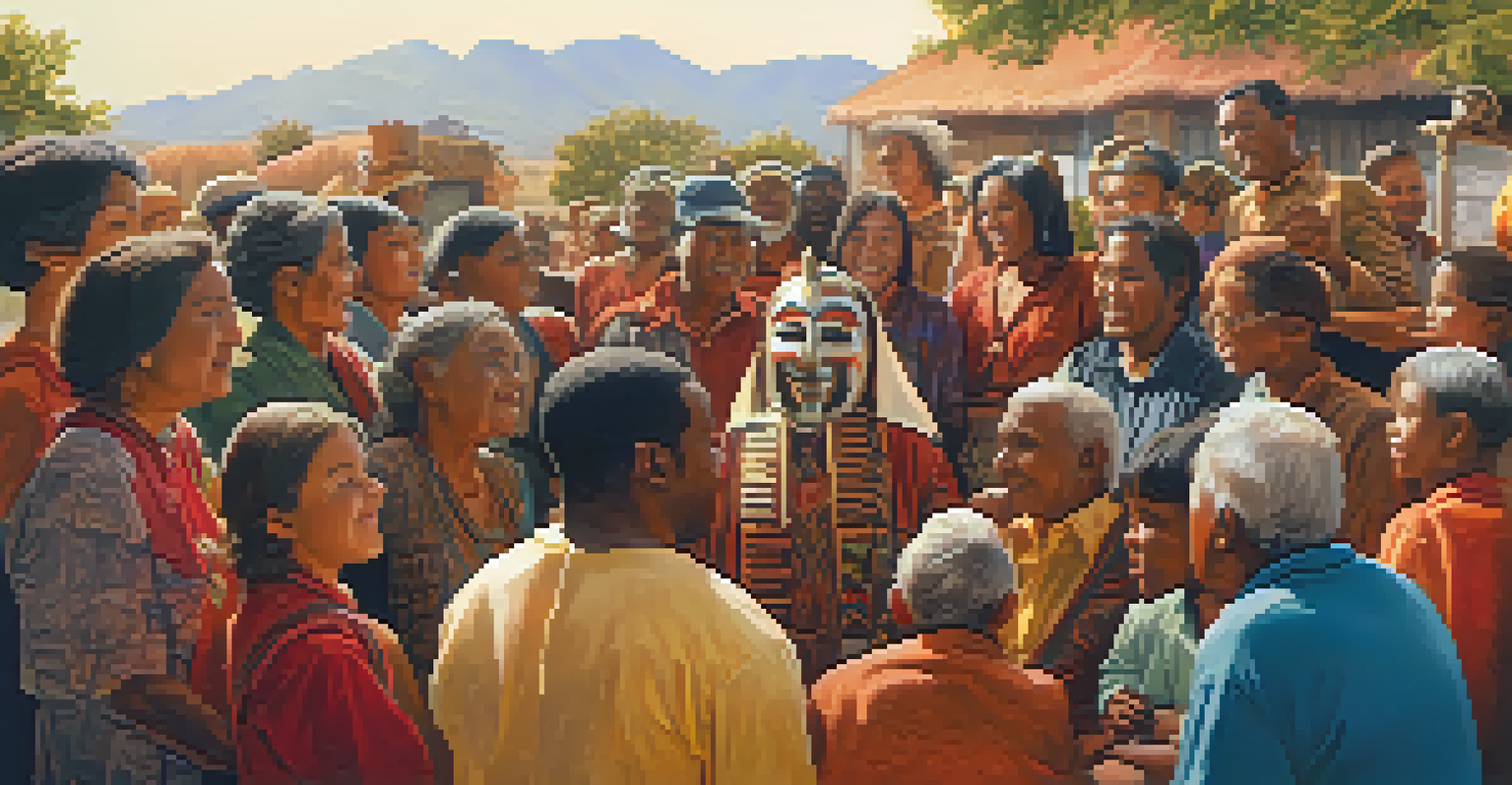 A diverse group of people participating in a storytelling session outdoors, with beautifully carved masks around them, showcasing their cultural engagement.