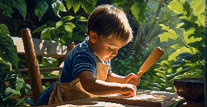 A child carving a wooden spoon in a sunny outdoor setting, surrounded by trees and greenery.