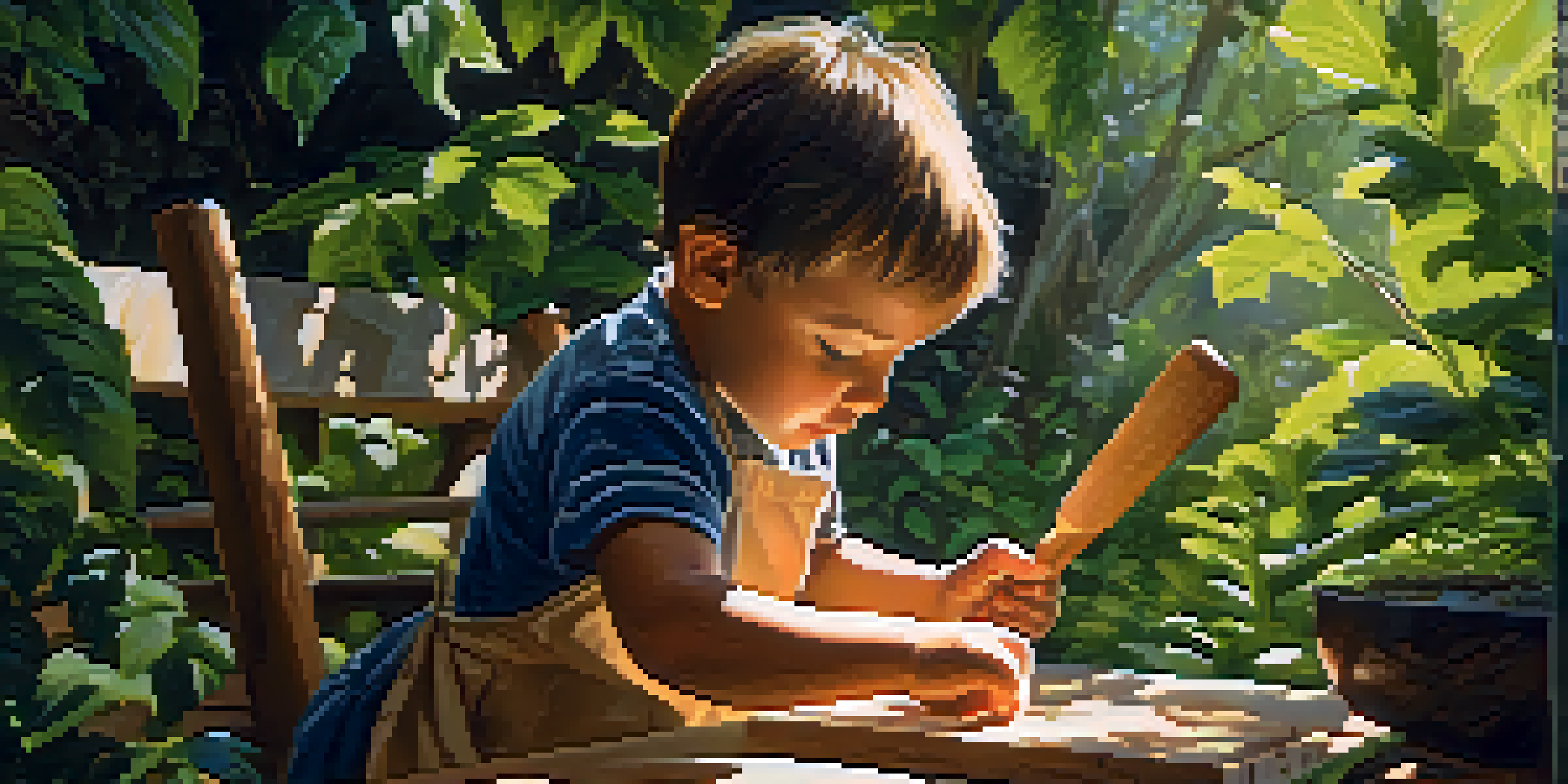 A child carving a wooden spoon in a sunny outdoor setting, surrounded by trees and greenery.