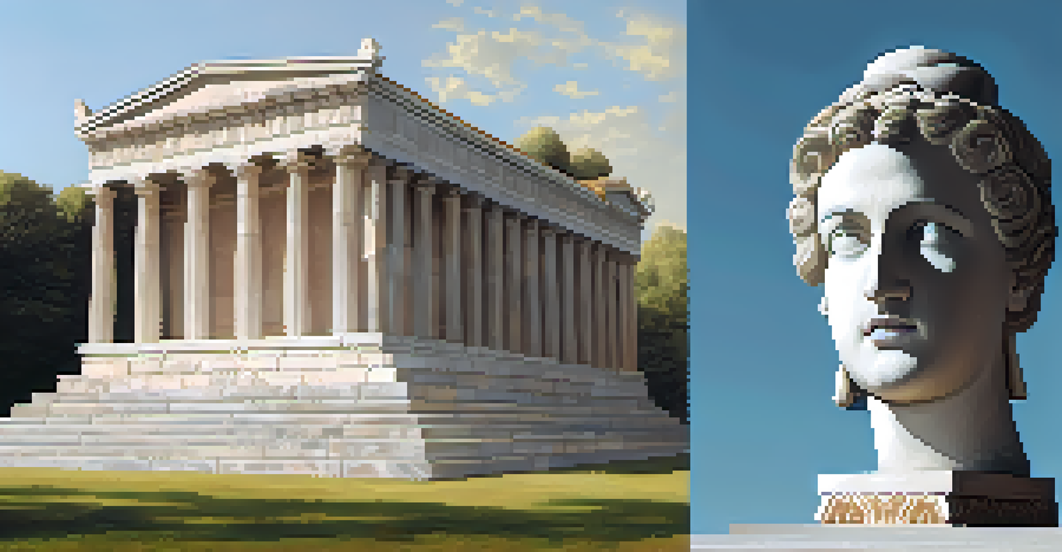 A split image of a traditional stone sculpture and a modern digital light installation, highlighting the evolution of sculpture.