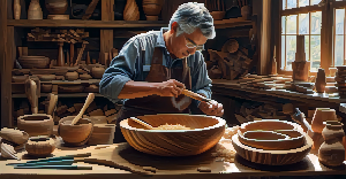 An artisan hand carving a wooden bowl in a well-lit workshop, showcasing various carving tools and wood shavings.