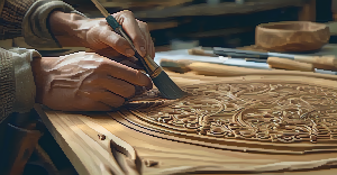 A skilled woodcarver's hands working on a detailed carving, surrounded by tools and wood shavings.