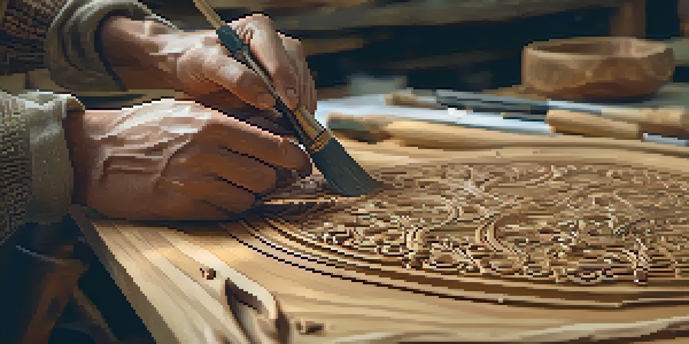 A skilled woodcarver's hands working on a detailed carving, surrounded by tools and wood shavings.