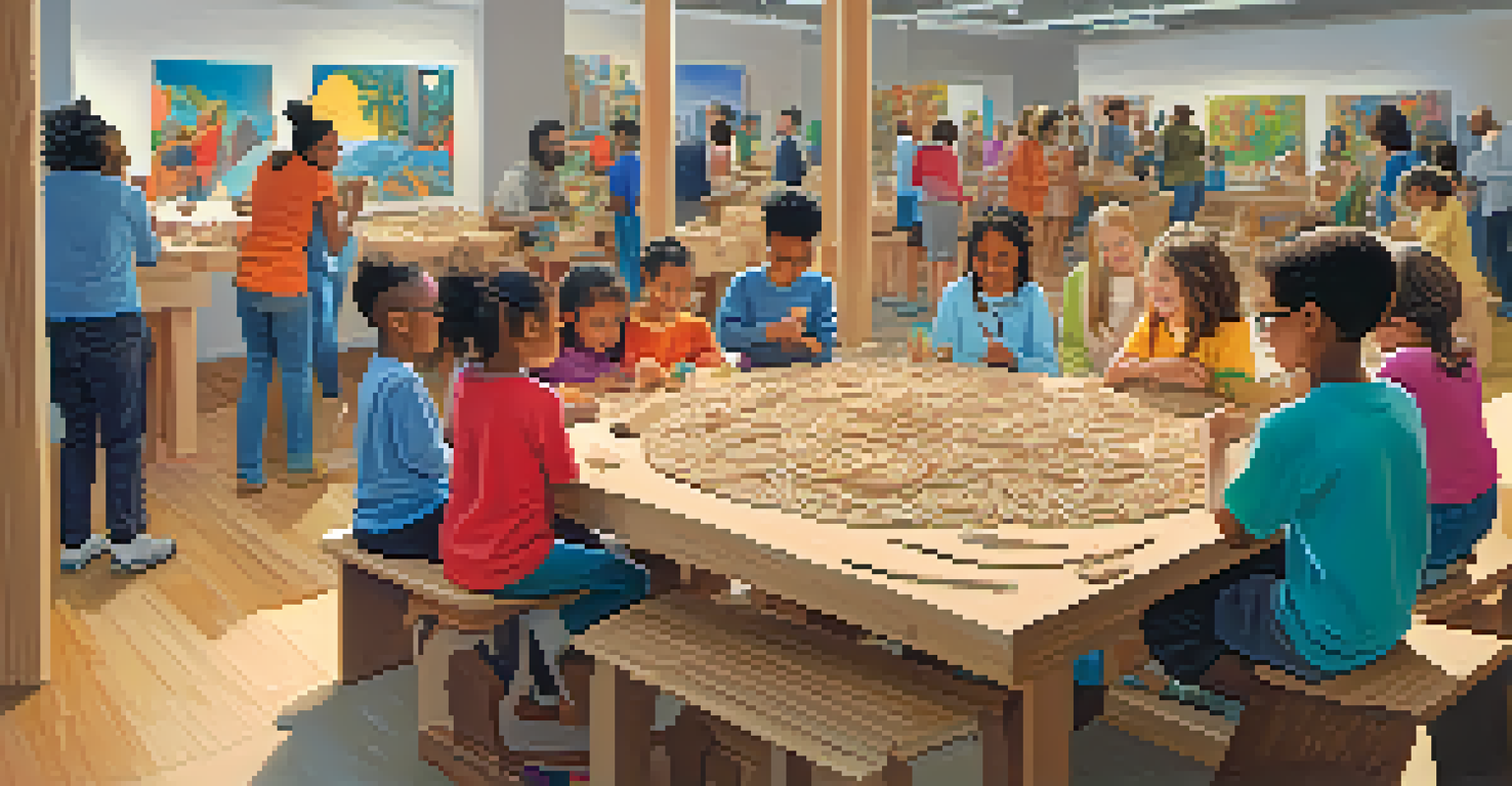 A vibrant workshop in an art gallery, featuring children and adults working together on a large interactive carving, surrounded by tools and colorful art pieces.