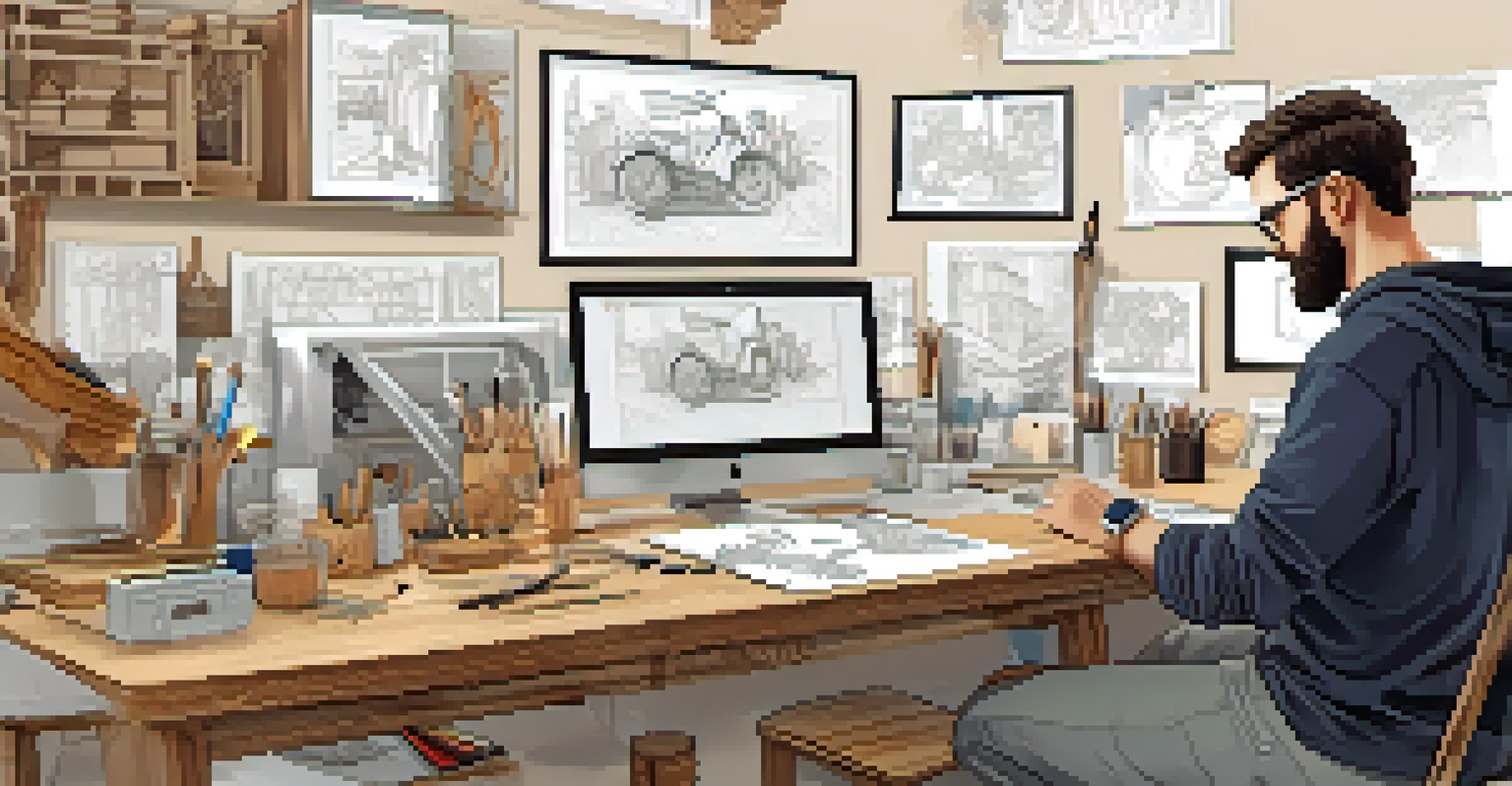 An artist using digital tools and traditional carving tools in a bright workspace, showcasing the blend of modern and traditional techniques.