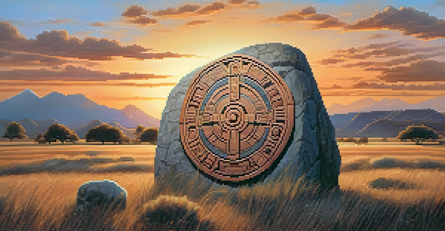 Various Indigenous symbols carved into a stone against a sunset backdrop, showcasing intricate details and cultural meanings.