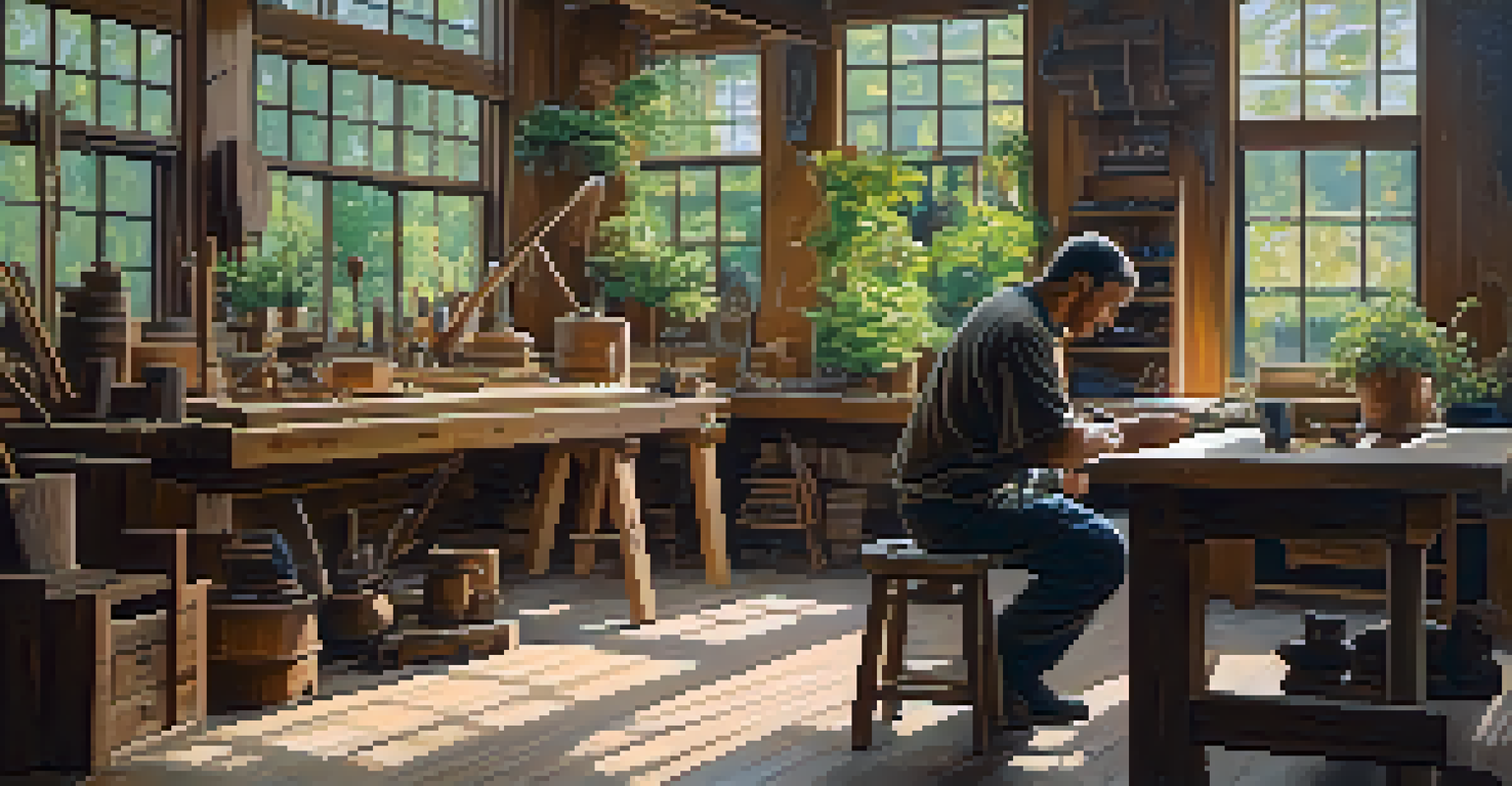 A woodworker relaxing with a coffee in a bright workshop, with a half-finished wooden sculpture on the workbench.