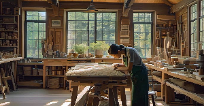 An artist working on a wood carving in a cozy workshop filled with tools and natural light.