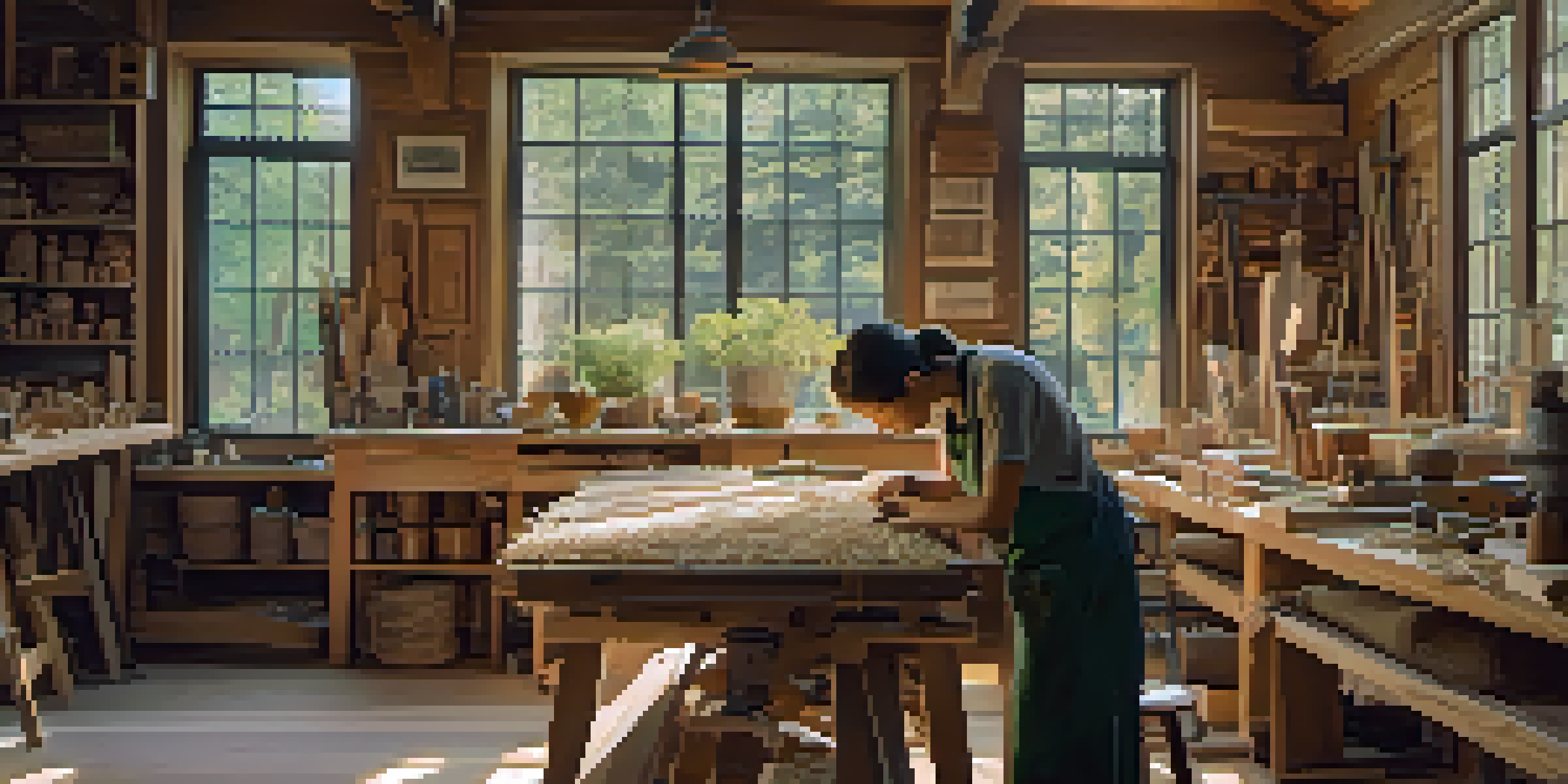 An artist working on a wood carving in a cozy workshop filled with tools and natural light.
