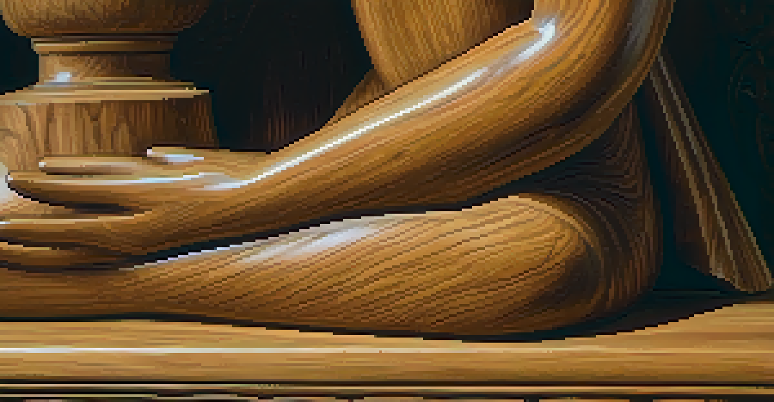 A detailed view of a carved wooden figure with warm brown tones and intricate textures illuminated by soft lighting.