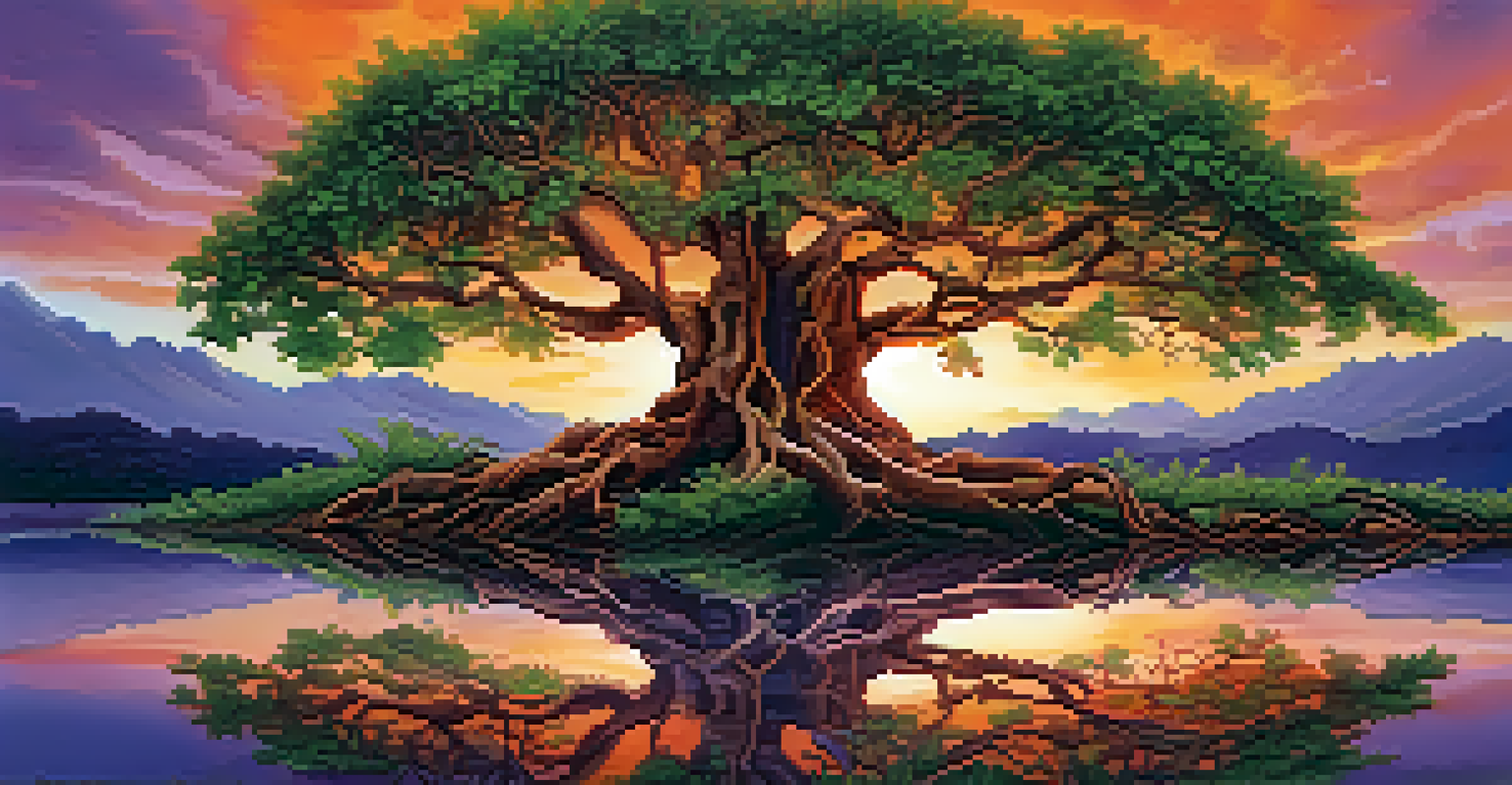 An intricate Tree of Life with colorful fruits and green leaves against a sunset sky.