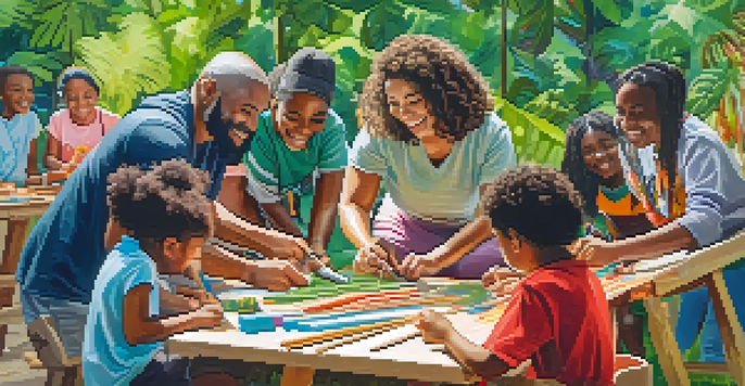 A diverse group of people participating in a community carving workshop outdoors, surrounded by trees and colorful materials.