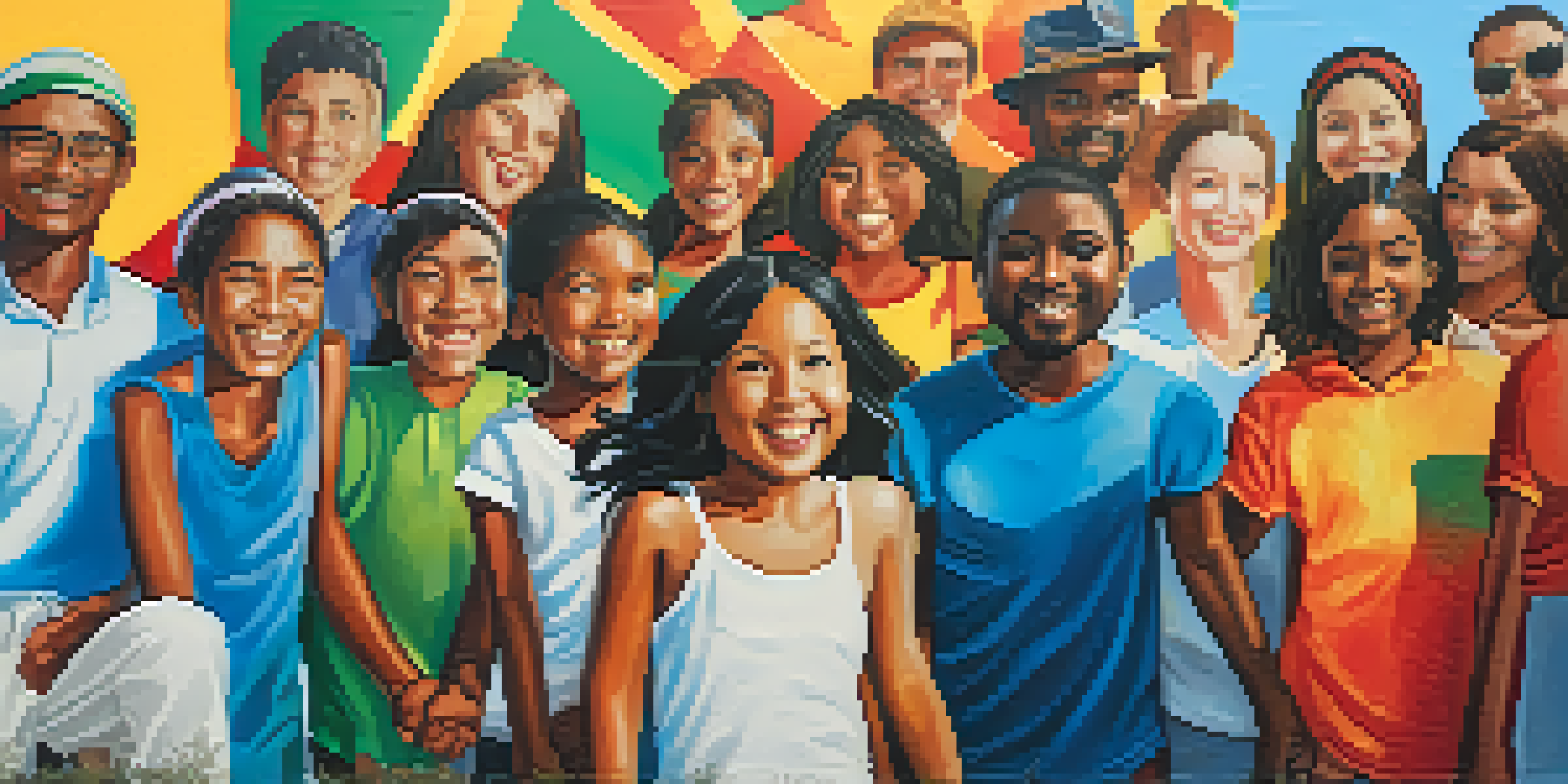 A colorful street mural showing diverse people holding hands, symbolizing unity.