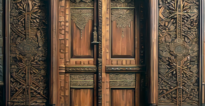 A detailed close-up of an intricately carved wooden door against a rustic stone wall, highlighted by warm lighting.
