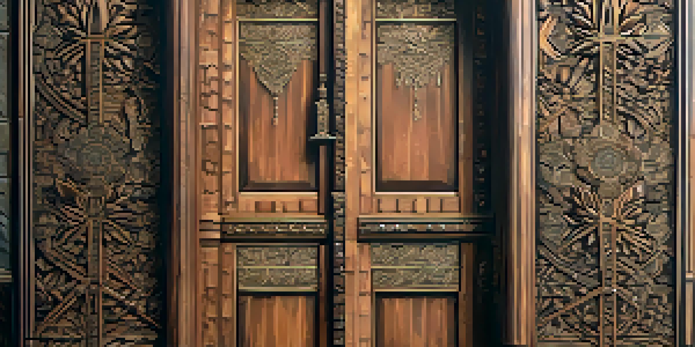 A detailed close-up of an intricately carved wooden door against a rustic stone wall, highlighted by warm lighting.