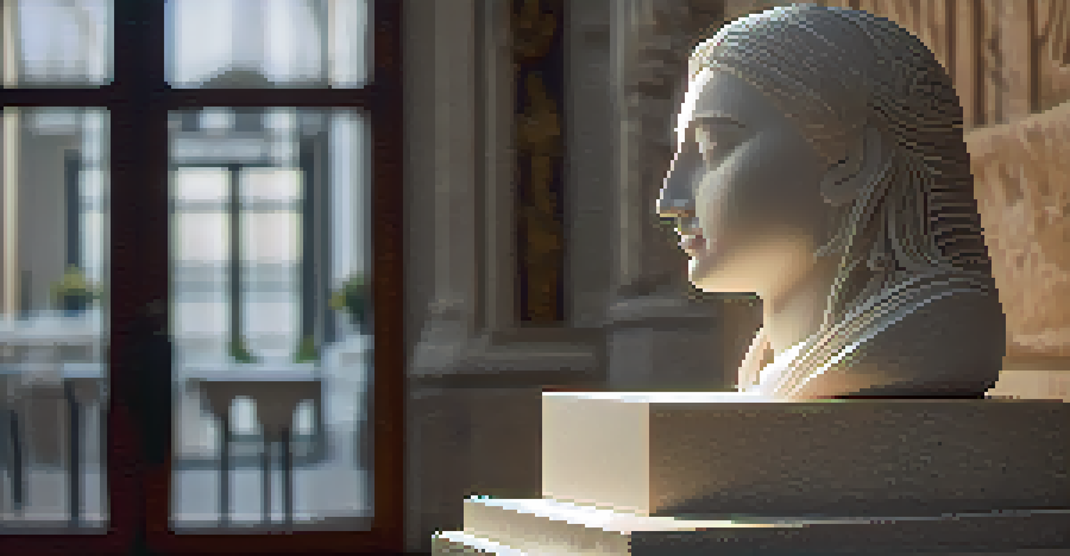 A close-up of an intricately carved stone sculpture on a wooden pedestal, illuminated by gallery lights, highlighting its detailed features.