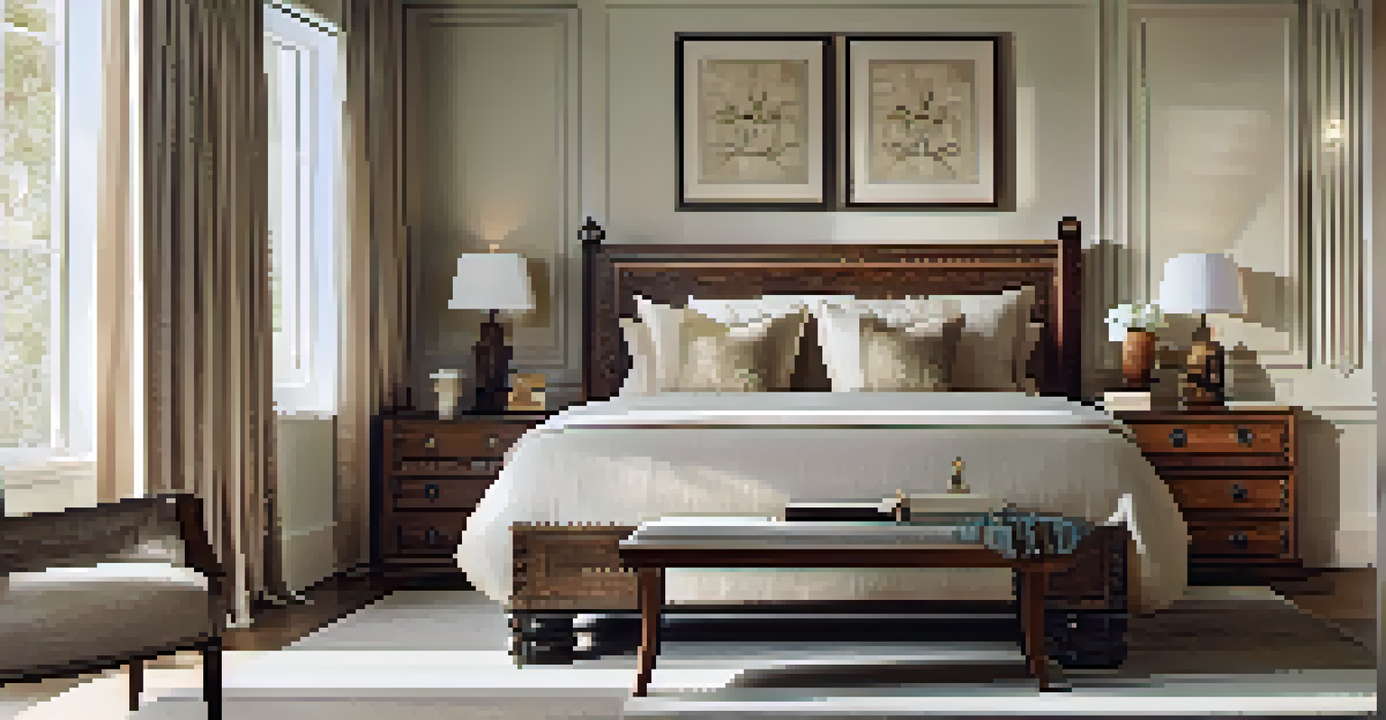 An elegant bedroom with a carved wooden headboard and decorative chest, illuminated by natural light.