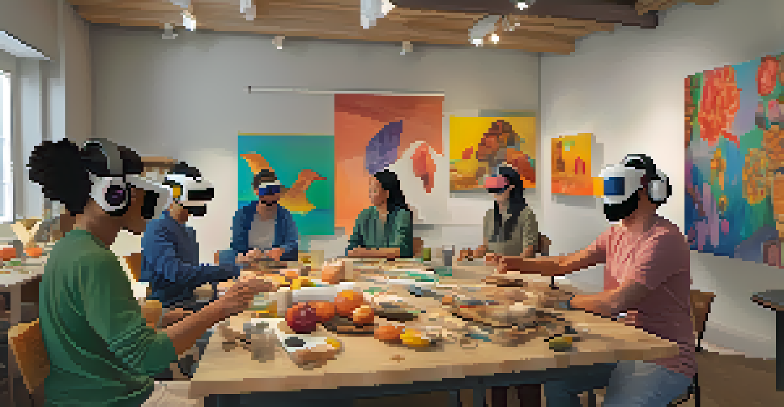 Avatars in a virtual reality carving class interacting and sharing creations in a colorful workshop environment.