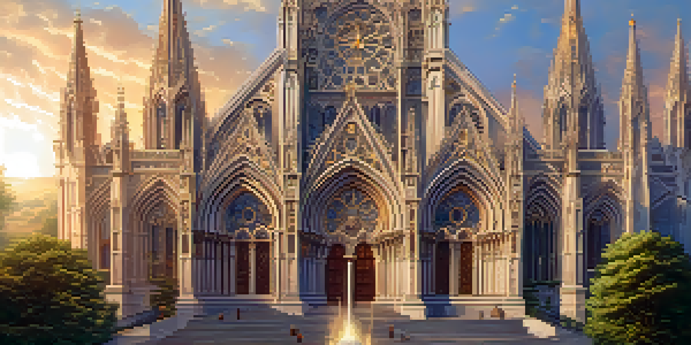 A Gothic cathedral with detailed stone carvings and a sunset backdrop, surrounded by greenery.
