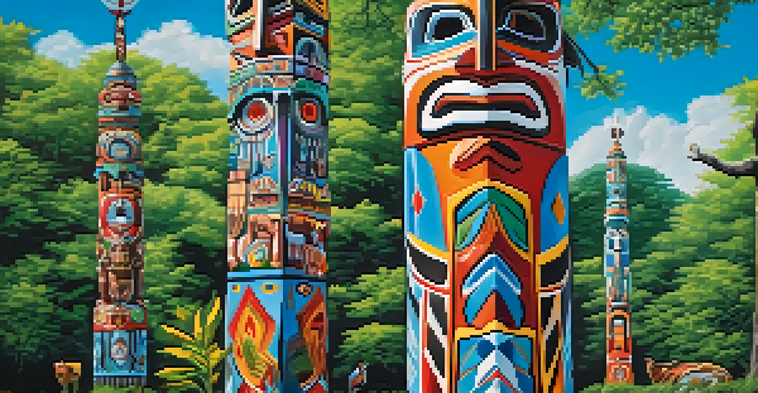 A colorful Native American totem pole with animal carvings, surrounded by green trees and a clear sky.