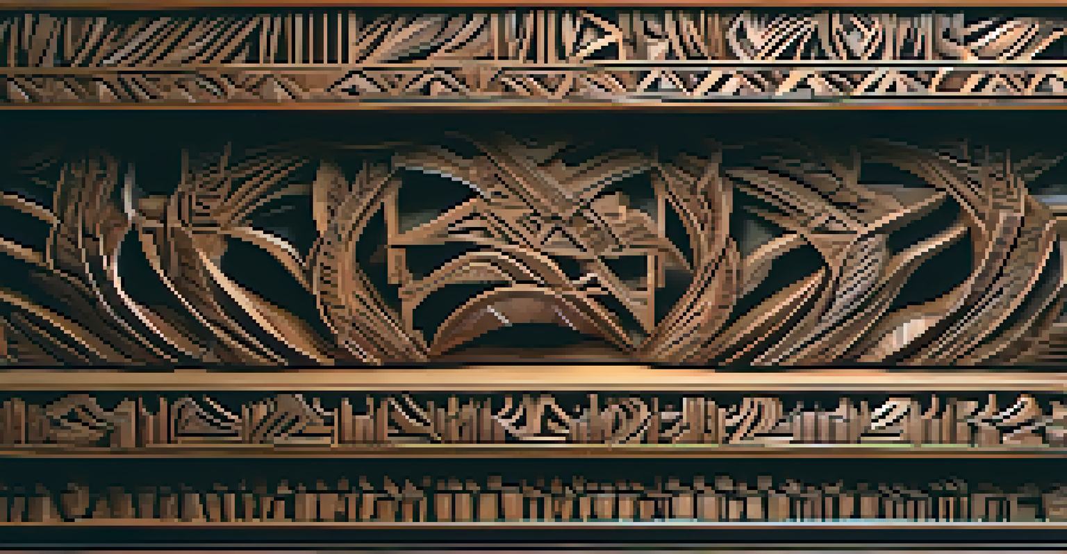 A detailed wooden sculpture with tribal patterns set against a dark backdrop.