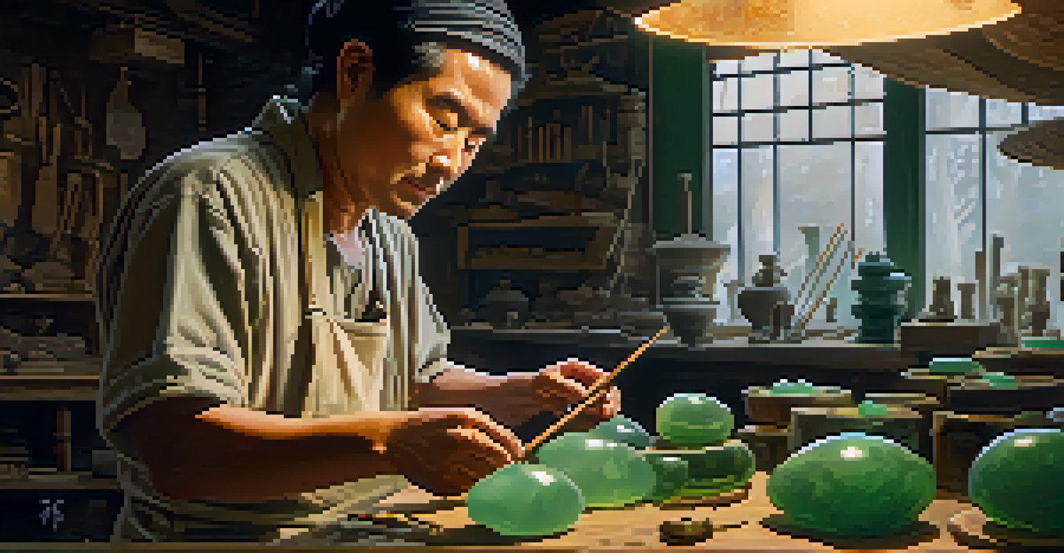 An artisan carving jade in a workshop, surrounded by tools and jade stones, with warm lighting emphasizing the textures and the artisan's focus.