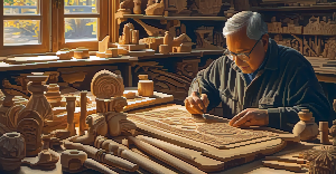 An artisan working on a wooden sculpture in a warmly lit workshop, with tools and wooden shavings visible.